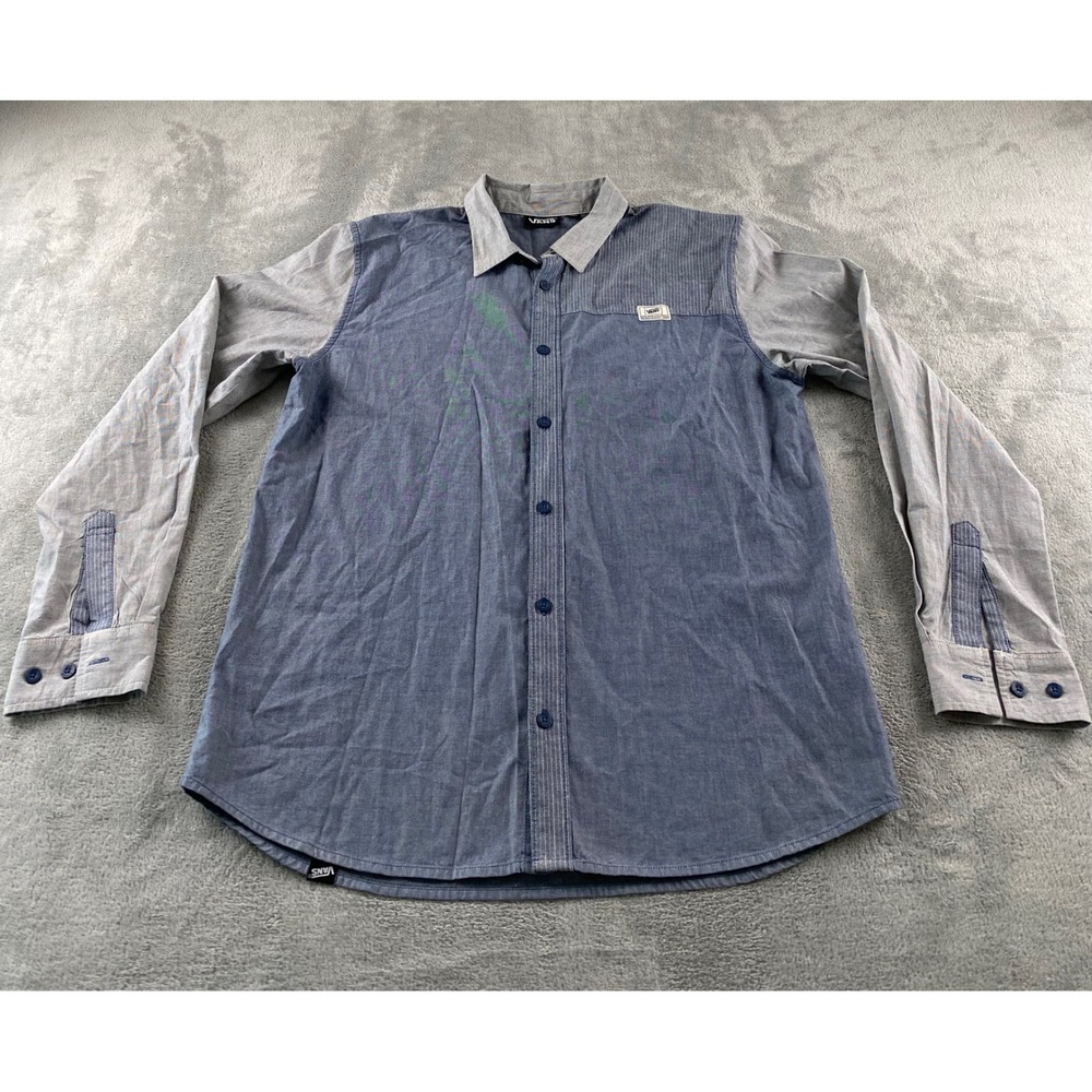 Vans Mens Large Blue Grey Colorblock Herringbone Long Sleeve Button Down Shirt